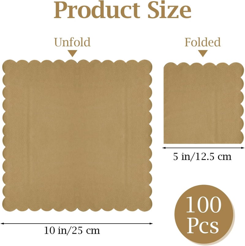Hoiny 100 Pcs Cocktail Napkins, 2-Ply 5 x 5 Inches Disposable Scalloped Napkins, Thick Premium Dessert Napkins for Party, Wedding, Dinner, Birthday, Anniversary, Festival (Brown) - Image 2